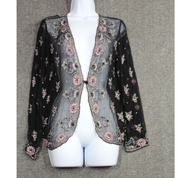 Vintage Silk Beaded Floral Cardigan Black Pink V Neck Sheer Boho Hippie - Picture 1 of 4